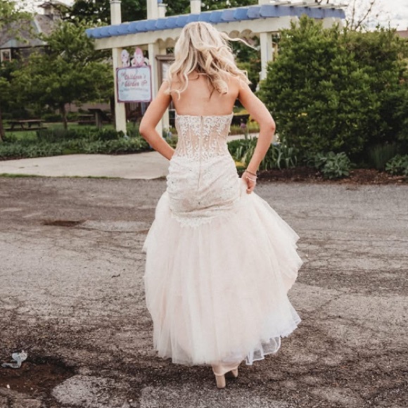 Strapless nude/pink Lace Gown - Picture 4 of 6